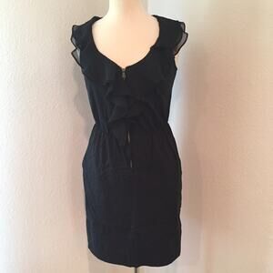 Gap Chiffon Ruffle Dress LBD Front Zip Elastic Waist Pockets Black 2